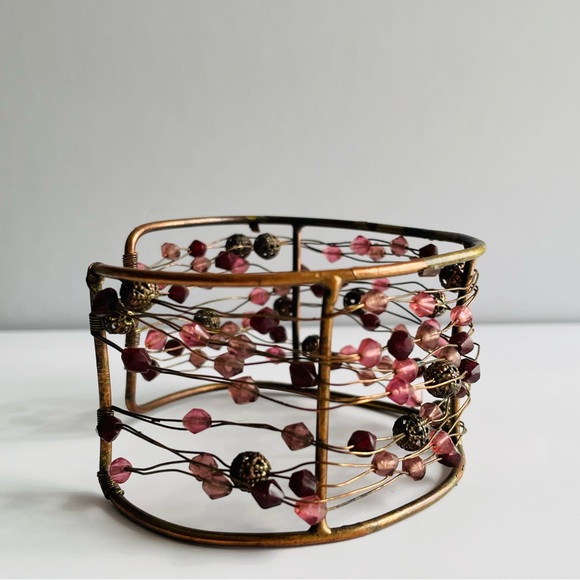 Wire Cuff Bracelet with Pink and Brown Beads - Picture 9 of 16